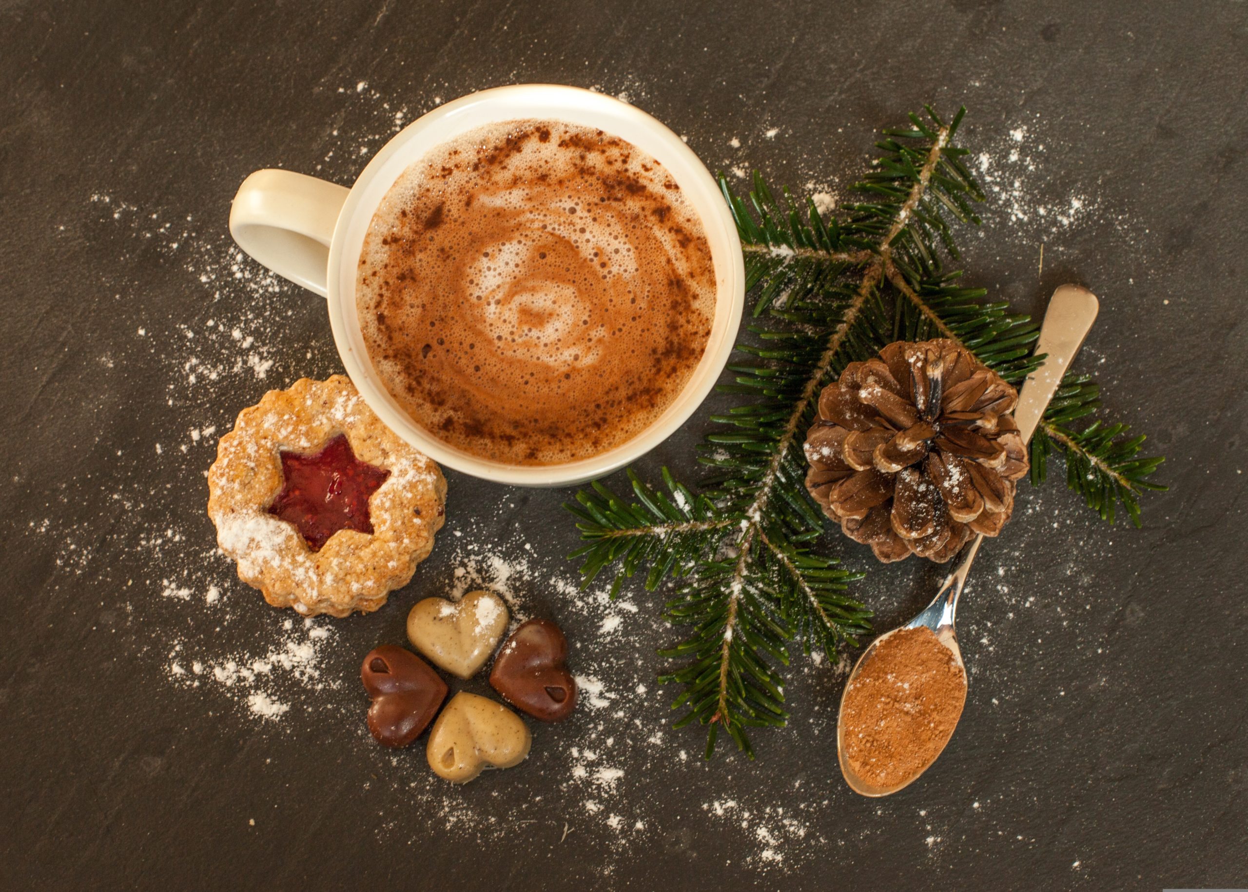 Tasse de chocolat chaid avec un biscuit, un pomme de pain et une branche de sapin donnant une ambiance festive.